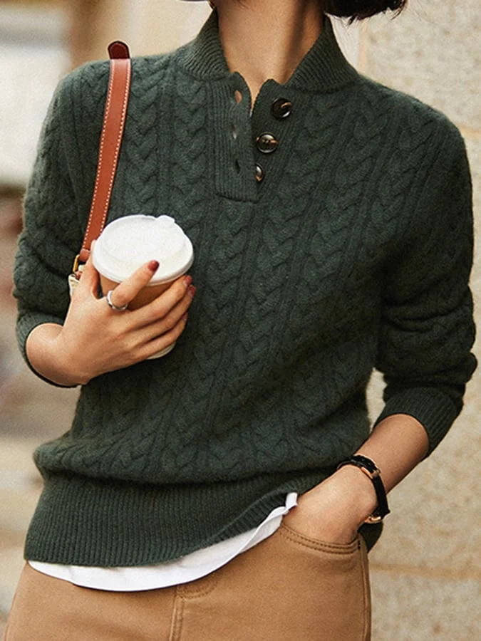 Zopfstrickpullover mit Knopfleiste für Damen