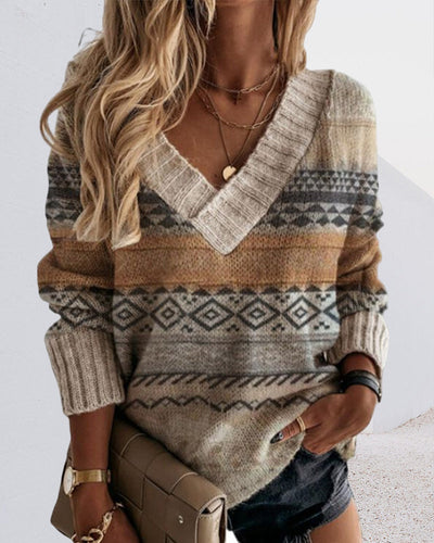 Beige Gestreifter Pullover mit V-Ausschnitt für Damen