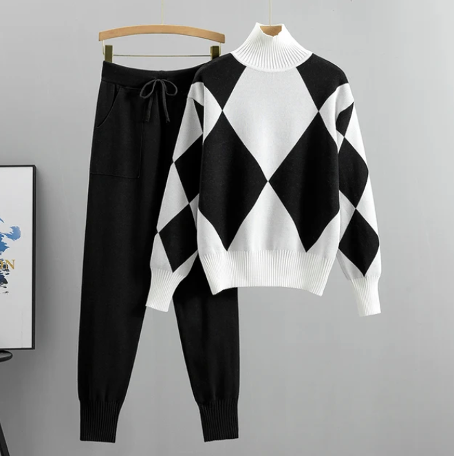 Pullover und Hosenset mit Diamantmuster für Frauen