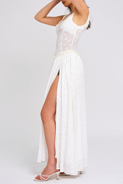 Ulissa – Weiches grünes Jacquard-Maxikleid mit hohem Schlitz und quadratischem Ausschnitt