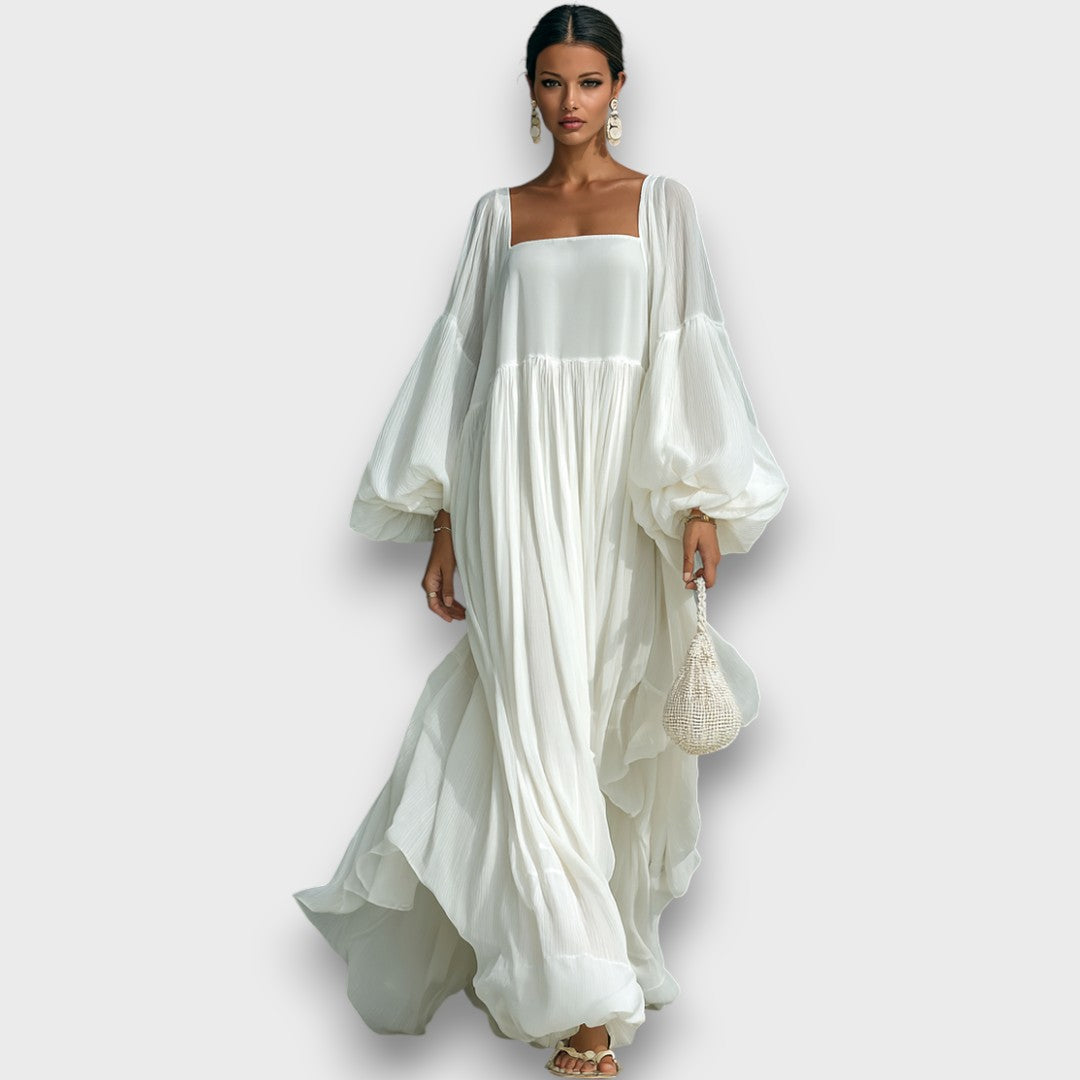 Elviera – Fließendes Maxikleid mit Falten und Ballonärmeln