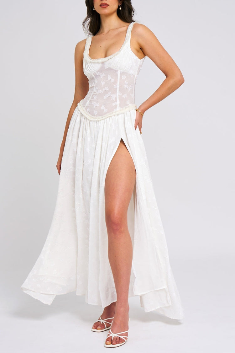 Ulissa – Weiches grünes Jacquard-Maxikleid mit hohem Schlitz und quadratischem Ausschnitt