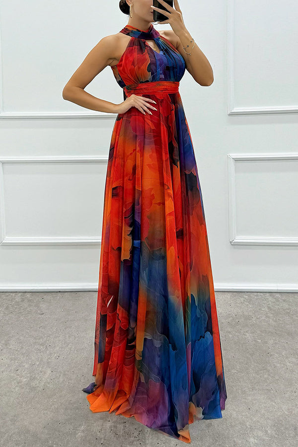 Elaine - Tüll-Maxikleid mit Blumenprint, Cut-Outs und Halterneck