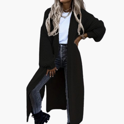 Damen Strickjacke lang mit offenem Vorderteil und gerippten Bündchen