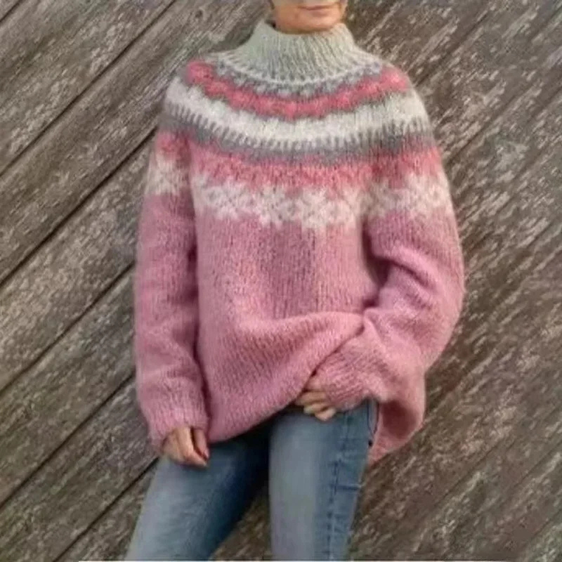 Norweger Grobstrickpullover Damen | Winterpullover Mit Rundhalsausschnitt
