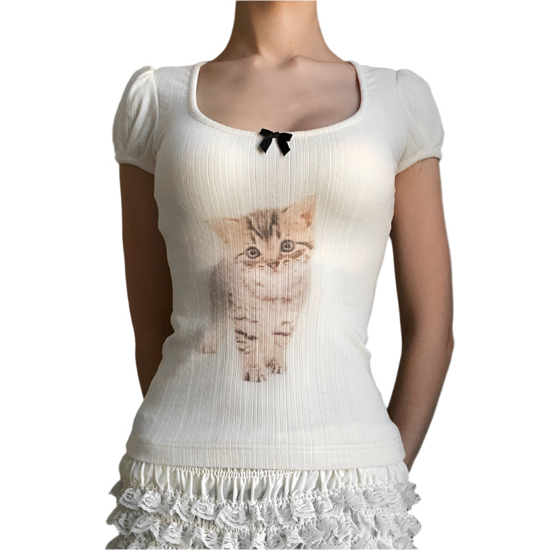 PuffMeow Puffärmel Katzenprint Top mit Schleifendetail
