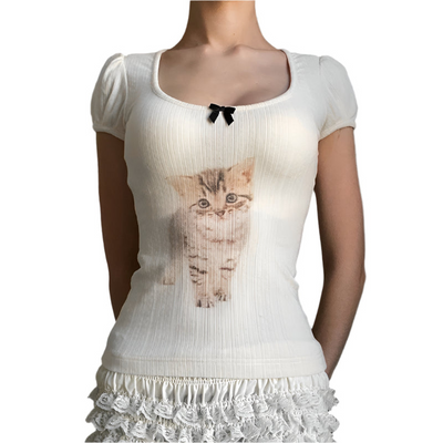 PuffMeow Puffärmel Katzenprint Top mit Schleifendetail