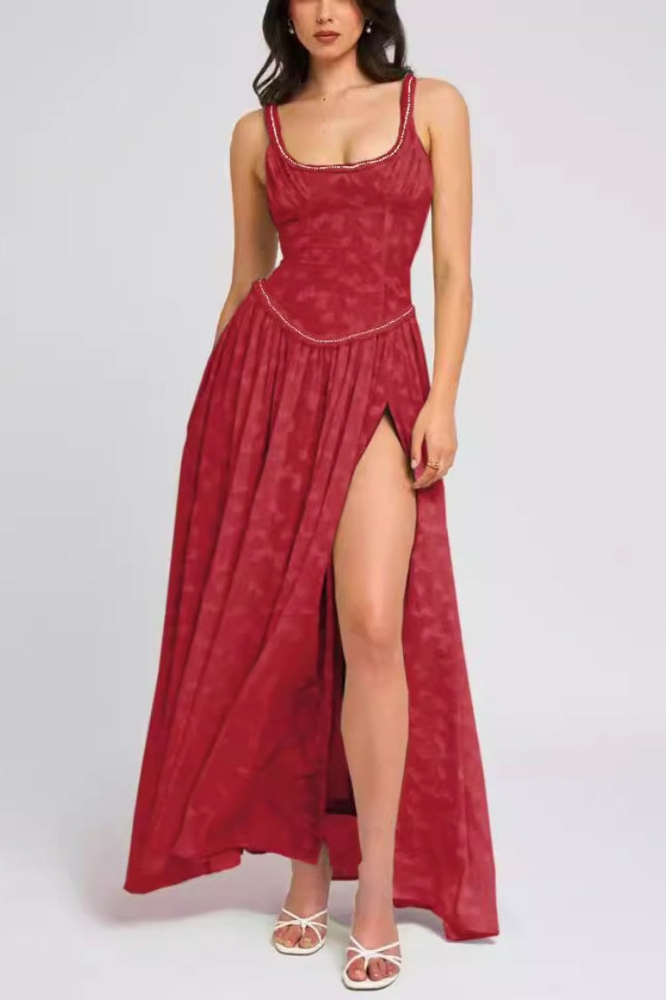 Ulissa – Weiches grünes Jacquard-Maxikleid mit hohem Schlitz und quadratischem Ausschnitt