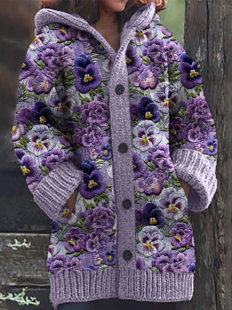 Lila Strickjacke mit Kapuze und Knopf für Damen