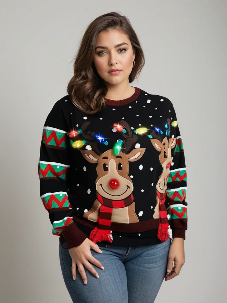 Weihnachts-Rentier-Strickpullover mit LED-Lichtern für Damen