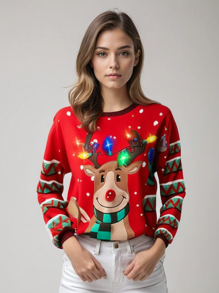 Weihnachts-Rentier-Strickpullover mit LED-Lichtern für Damen
