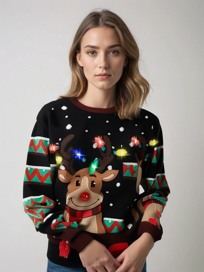 Weihnachts-Rentier-Strickpullover mit LED-Lichtern für Damen