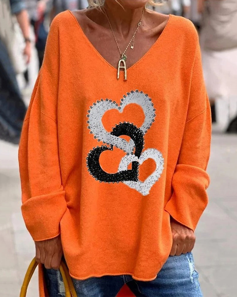Locker geschnittener Pullover mit Herz-Design für Frauen