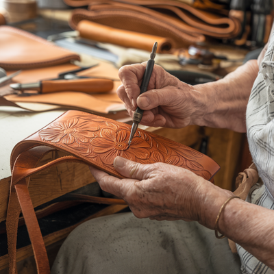 Florina - Gegravierte Lederhandtasche mit Blumenmuster