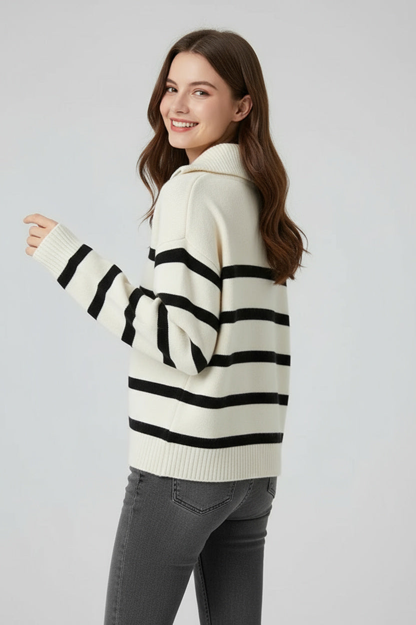 Selma | Damen Strickpullover Mit Reißverschluss Und Streifen