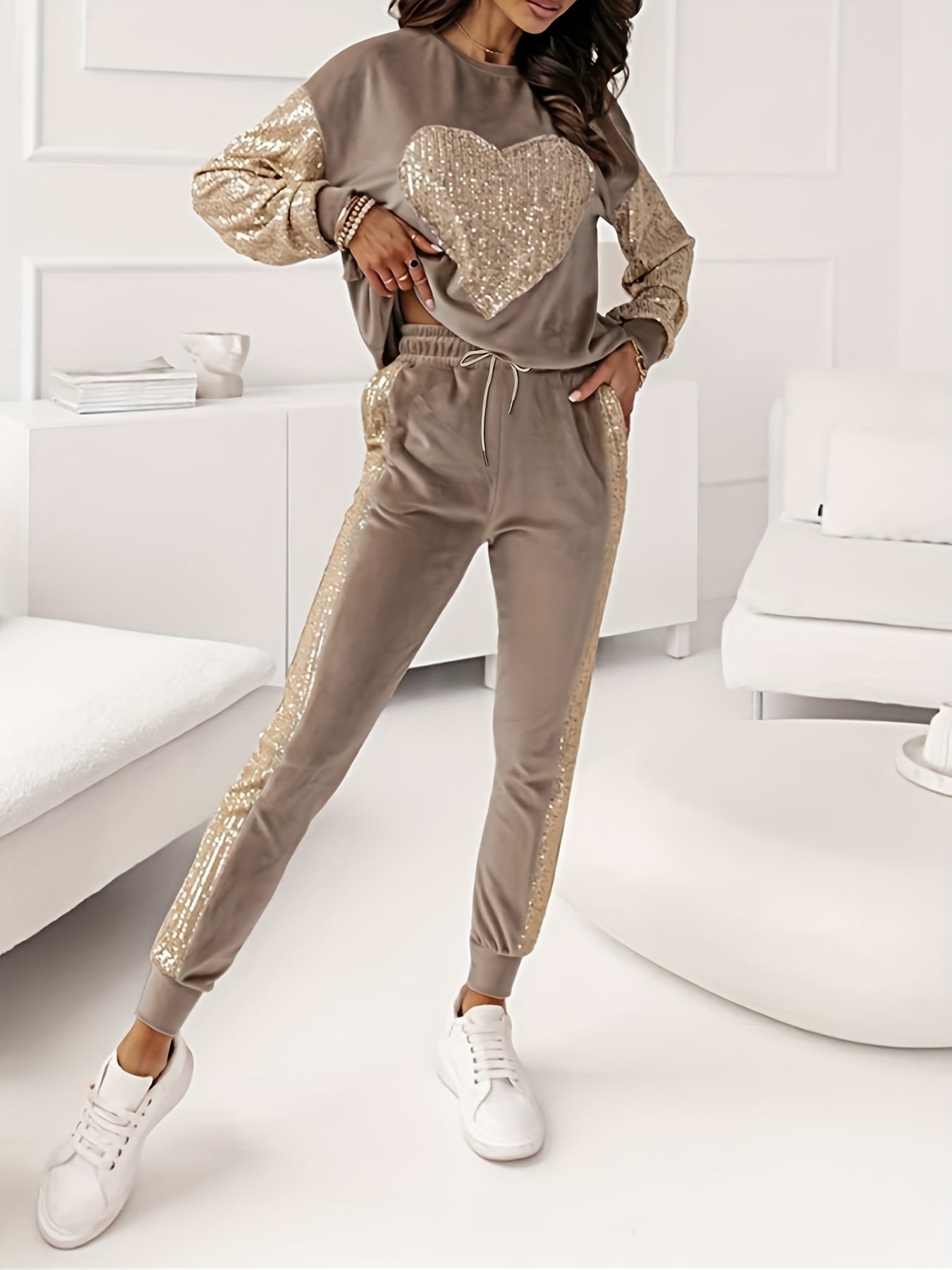 Pailletten Herz Pullover und Hose Set für Damen