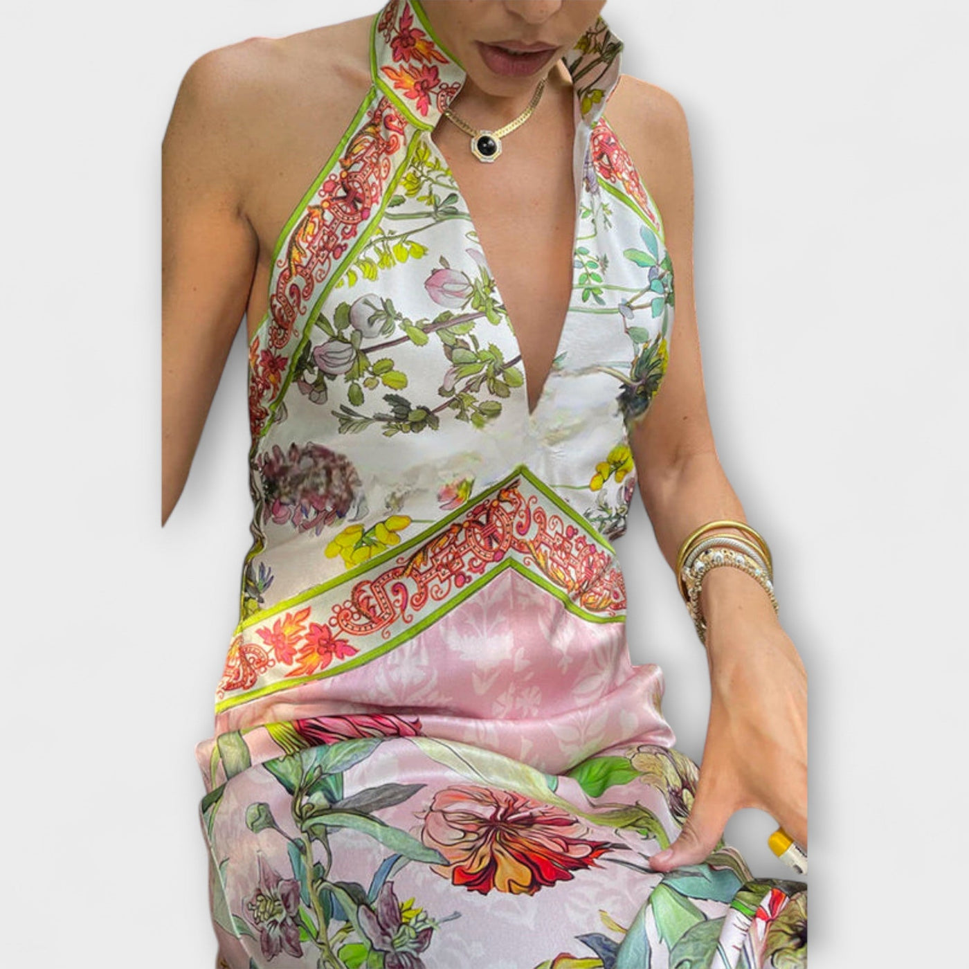 Ayla - Floral Bedrucktes Ärmelloses Maxikleid mit Offenem Rücken