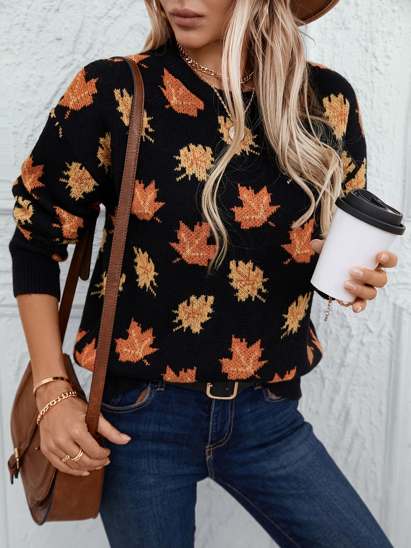 Ahornblatt Rundhalsausschnitt Pullover für Damen