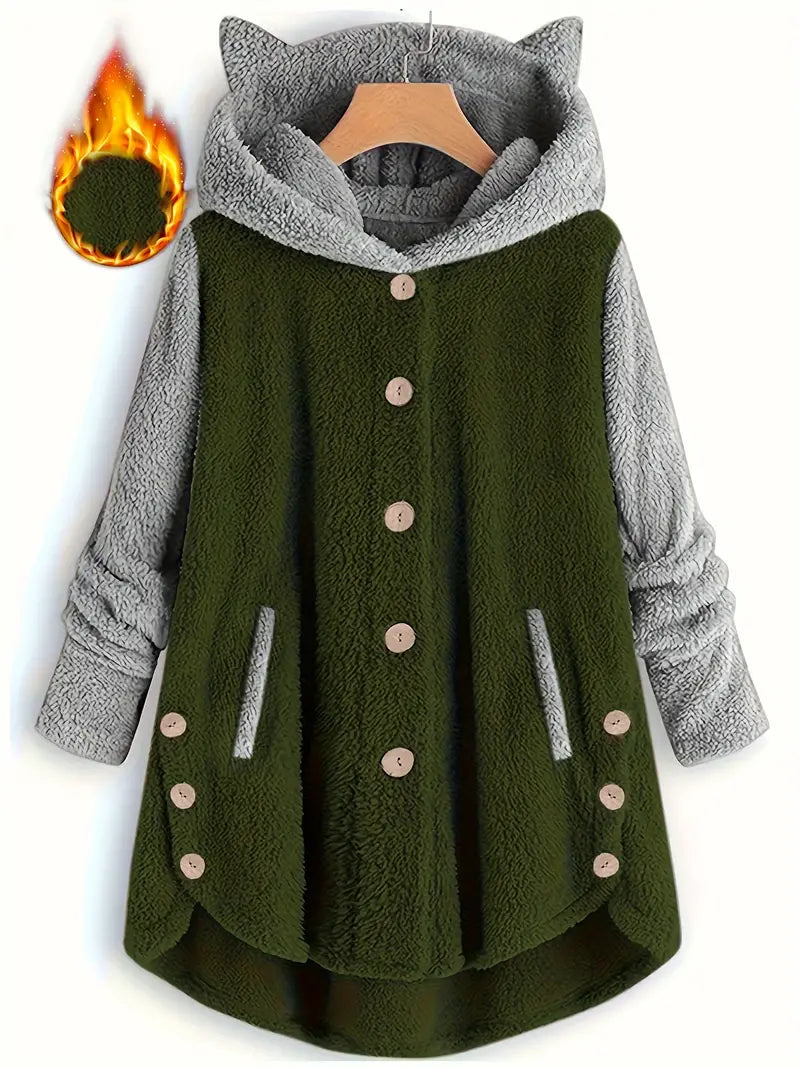 Zweireihige Fleecejacke mit Katzenohren für Damen