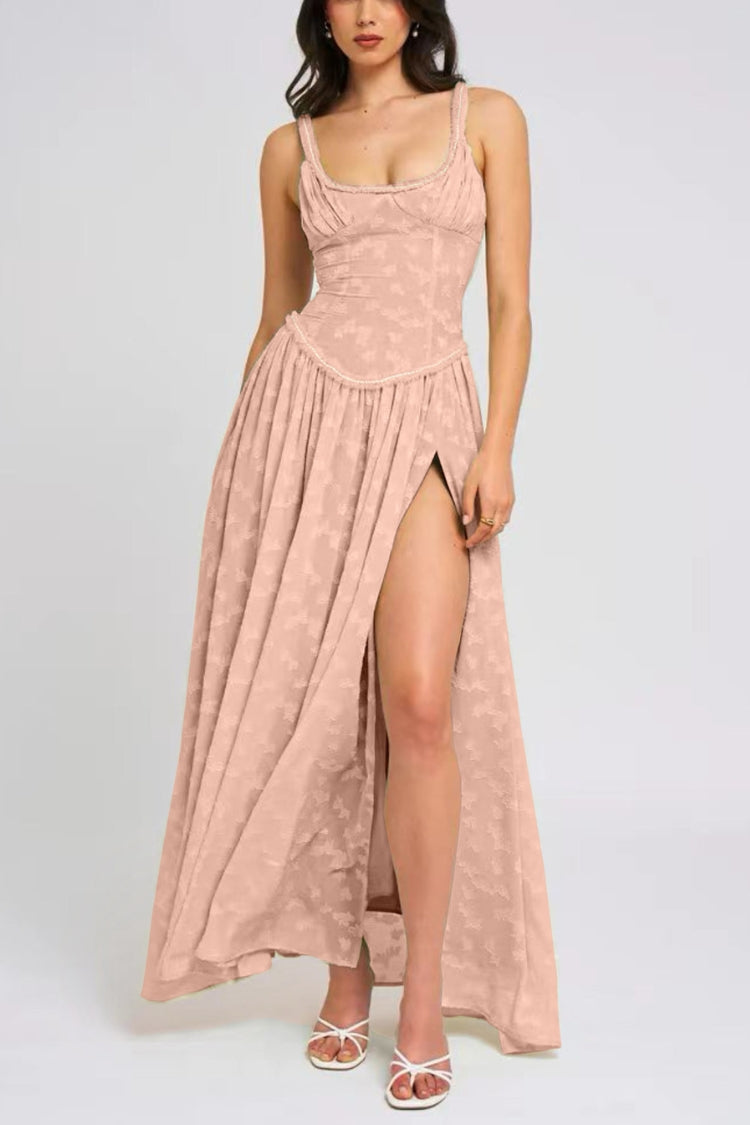 Ulissa – Weiches grünes Jacquard-Maxikleid mit hohem Schlitz und quadratischem Ausschnitt