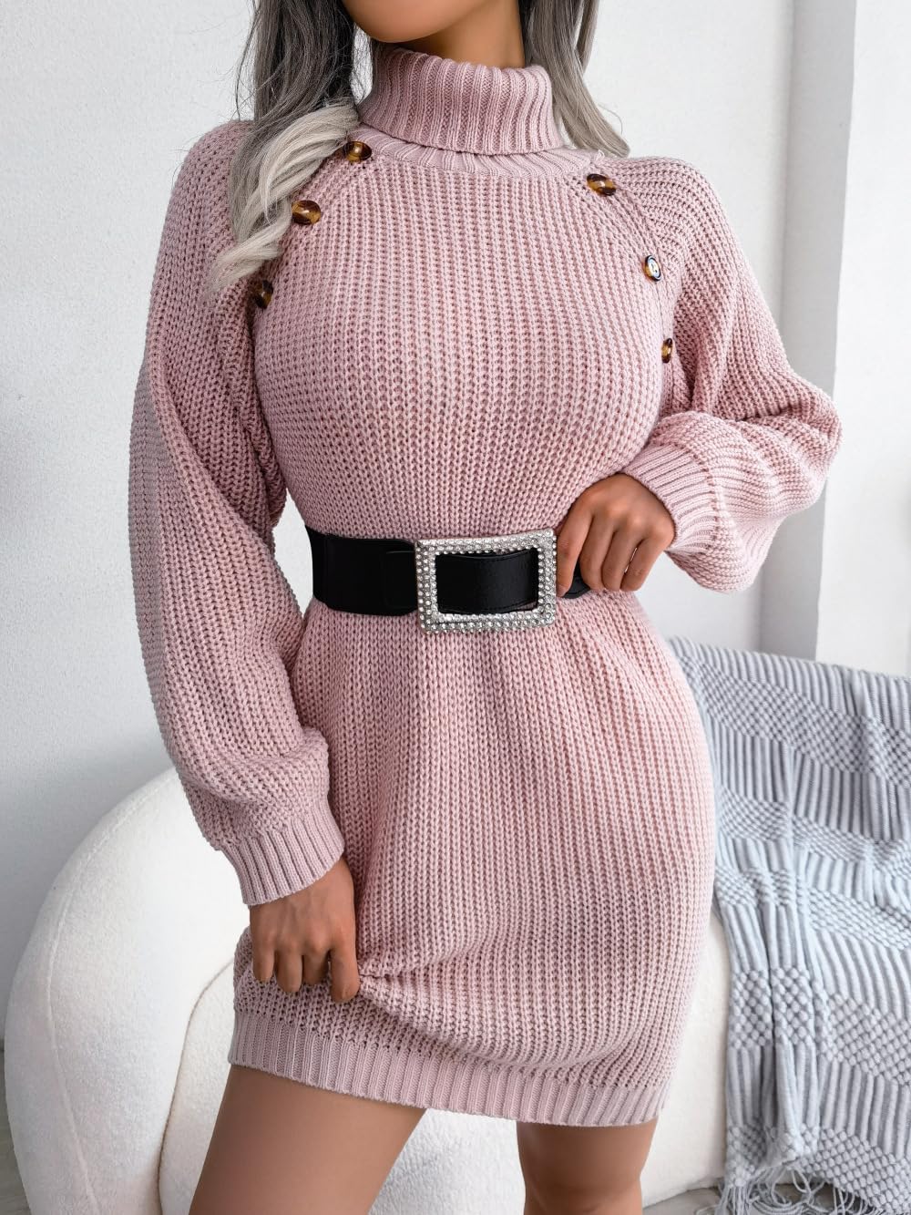 Gestricktes Rollkragen-Midikleid für Damen