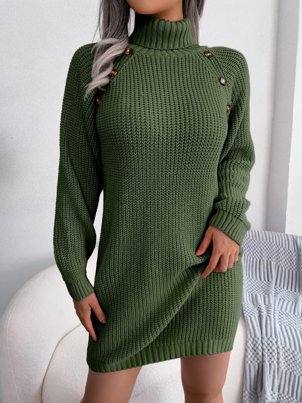 Gestricktes Rollkragen-Midikleid für Damen