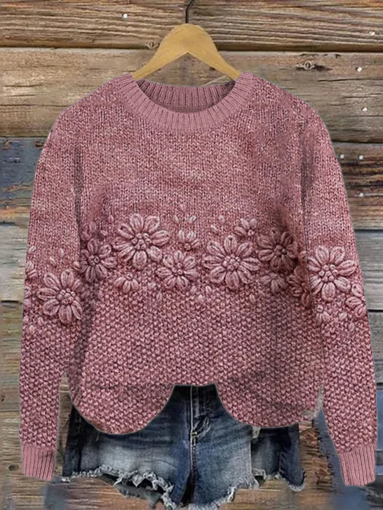 Rosa Grobstrickpullover mit Rosenstickerei für Damen