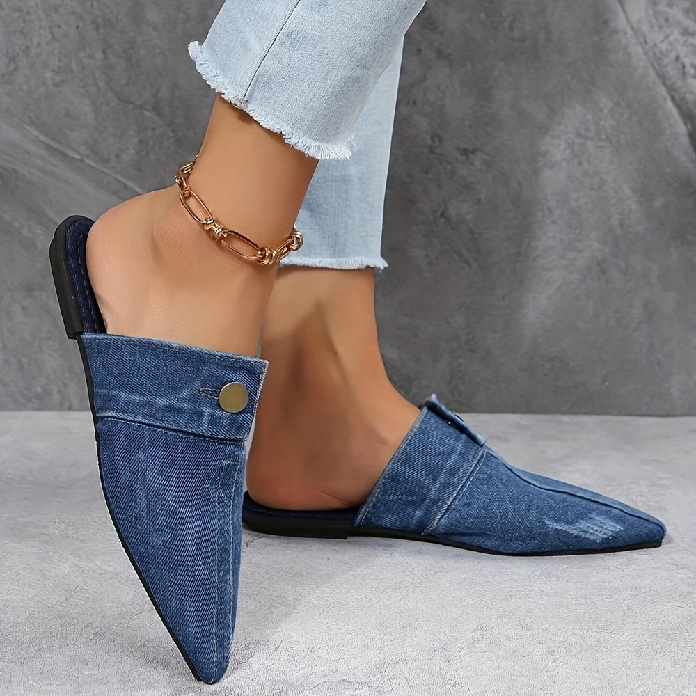 Mules im Denim-Look | Spitz zulaufend | Metallknopf-Detail