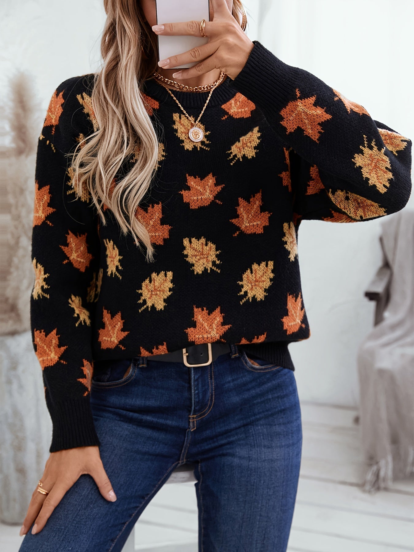 Ahornblatt Rundhalsausschnitt Pullover für Damen