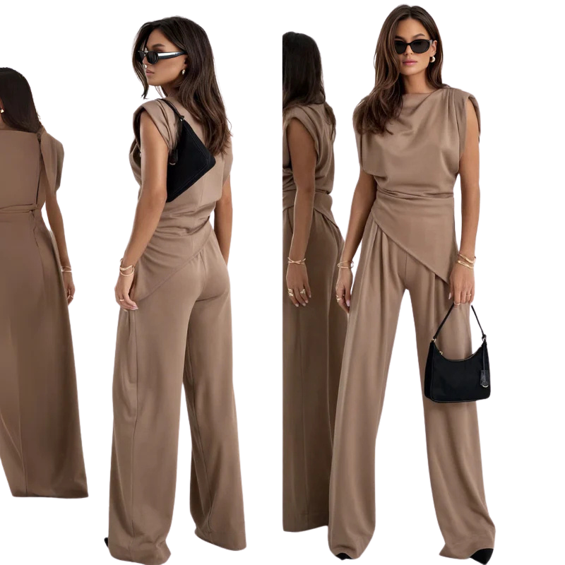 FlowEase Damen-Set mit lässiger Passform in zwei Teilen – asymmetrische Top und Hose mit weitem Bein