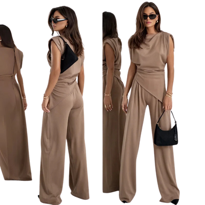 FlowEase Damen-Set mit lässiger Passform in zwei Teilen – asymmetrische Top und Hose mit weitem Bein