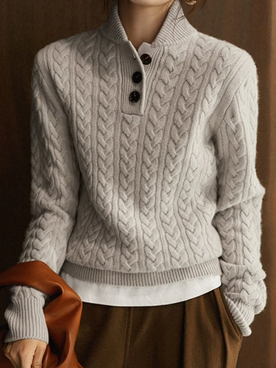 Zopfstrickpullover mit Knopfleiste für Damen