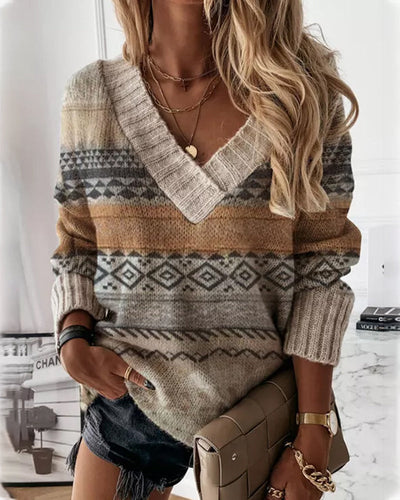 Beige Gestreifter Pullover mit V-Ausschnitt für Damen