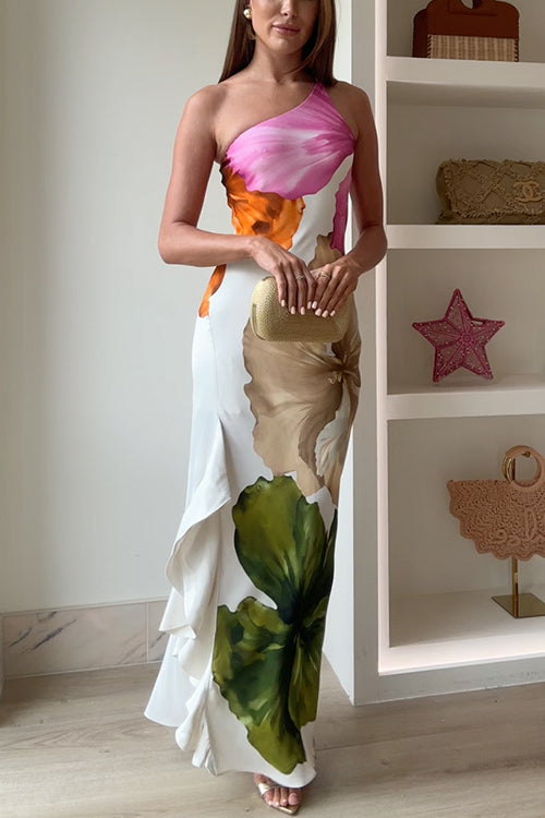 Ivy - Schulterfreies Maxikleid mit Blumenmuster, Drapierung und Beinschlitz