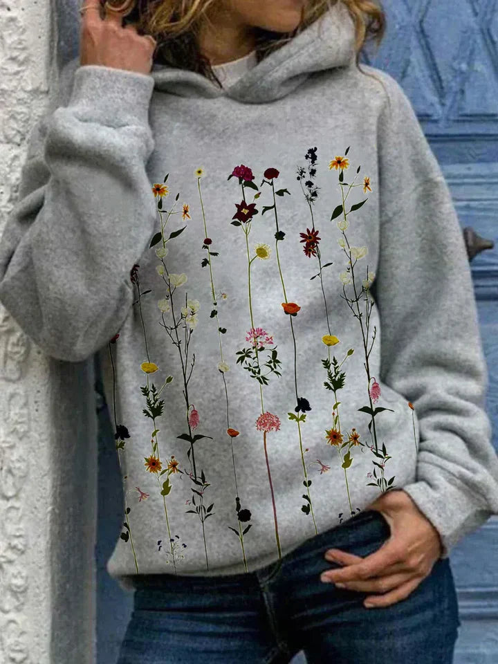 Grauer Kapuzenpullover mit Blumenmuster für Frauen