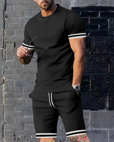 Herren Sport Set mit T-Shirt & Shorts | Zweiteiler mit Streifen für Sommer & Training
