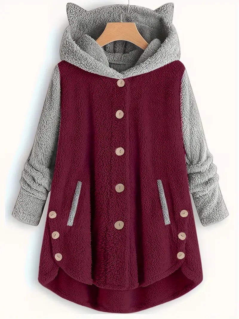 Zweireihige Fleecejacke mit Katzenohren für Damen