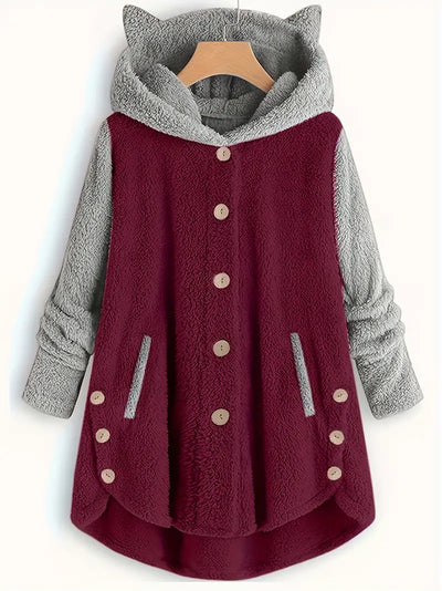 Zweireihige Fleecejacke mit Katzenohren für Damen