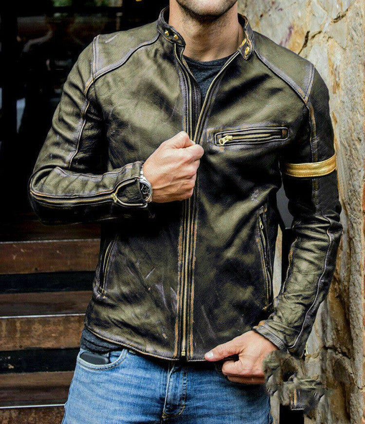 Vintage Leder Bikerjacke mit Reißverschluss für Herren