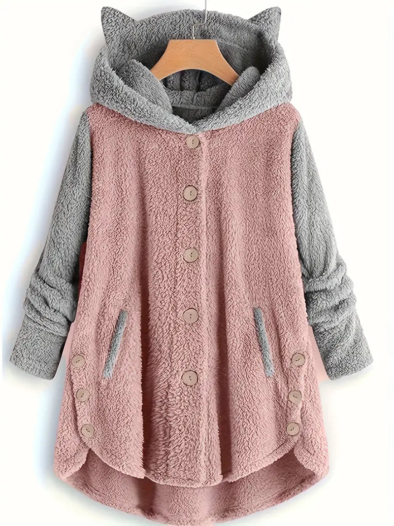 Zweireihige Fleecejacke mit Katzenohren für Damen