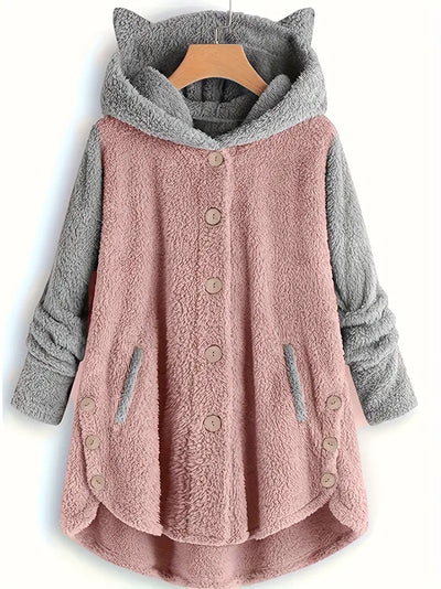 Zweireihige Fleecejacke mit Katzenohren für Damen