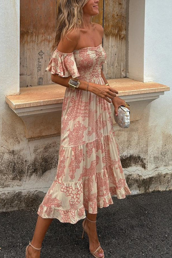 Midikleid mit Schulterausschnitten und romantischem Druck – Pitaya