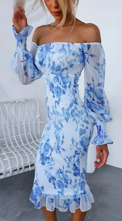 Schulterfreies Midi-Kleid | Smock-Design & Rüschen | Romantische Eleganz