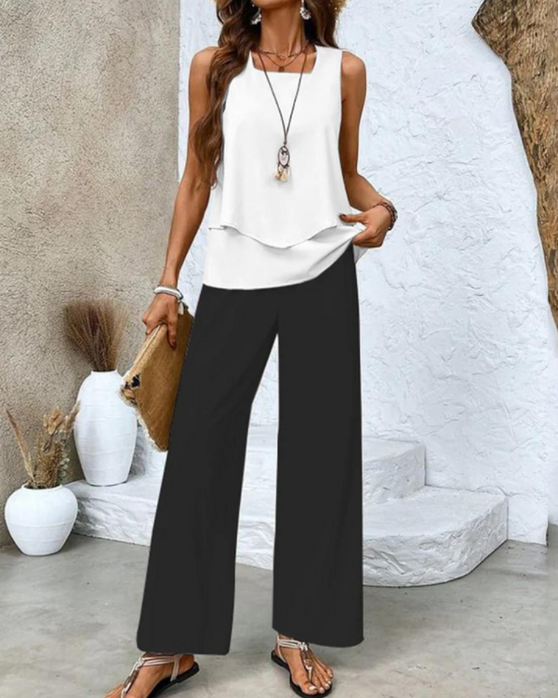 Damen Sommer Set Zweiteiler | Ärmelloses Top & Gerade Hose