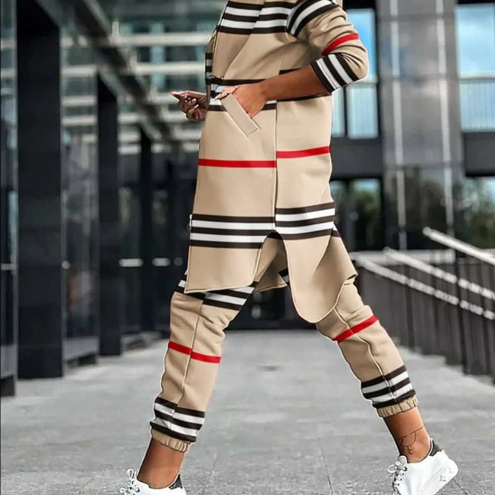 Beige Gestreifte Jacke und Jogger-Set für Damen