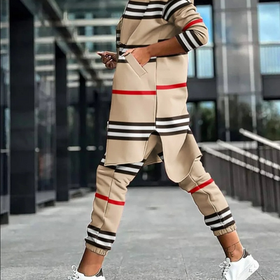 Beige Gestreifte Jacke und Jogger-Set für Damen