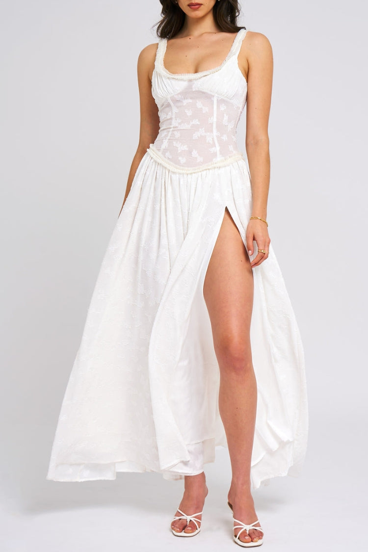 Ulissa – Weiches grünes Jacquard-Maxikleid mit hohem Schlitz und quadratischem Ausschnitt