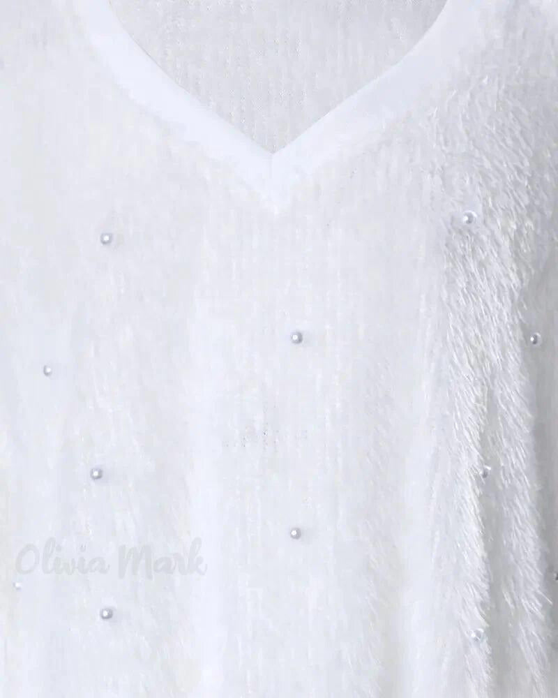 Flauschiges Langarmpullover mit Perlen für Damen