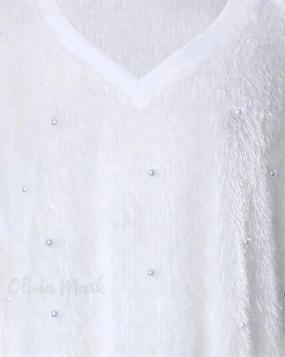 Flauschiges Langarmpullover mit Perlen für Damen