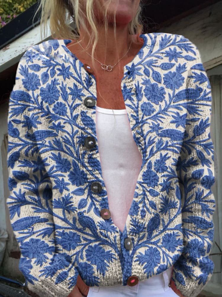 Klassische Strickjacke mit Blumenmuster für Damen